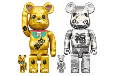 Bearbrick x BAPE Maneki Neko & Daruma 100% & 400% 4-Pc Set Gold & Silver Plated
